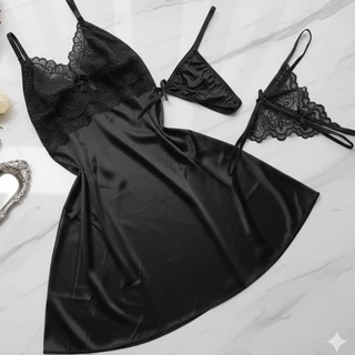 Conjunto camisola sexy com calcinha: renda no busto e tecido liso no corpo